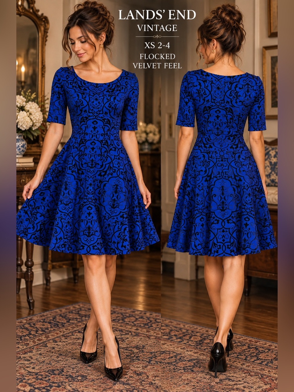 Lands’ End Vintage dress XS Blue Black Flocked Velvet Damask Fit Flare burn out